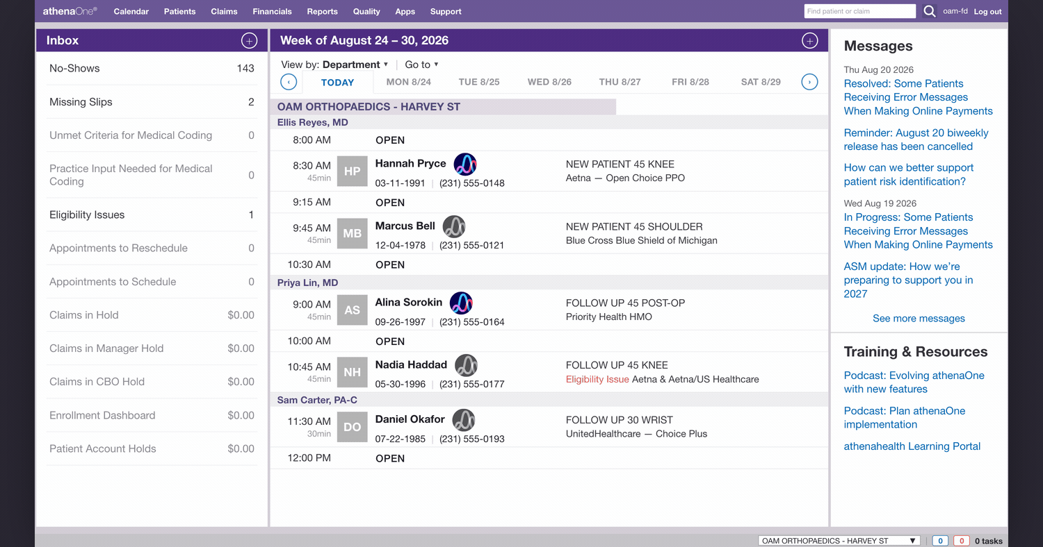 athenaOne schedule with Superscript price previews on each appointment