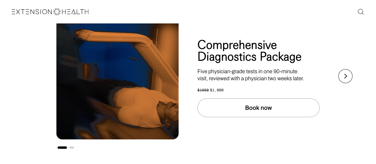 Extension Health storefront: the Comprehensive Diagnostics Package at $1,000, reduced from $1,650